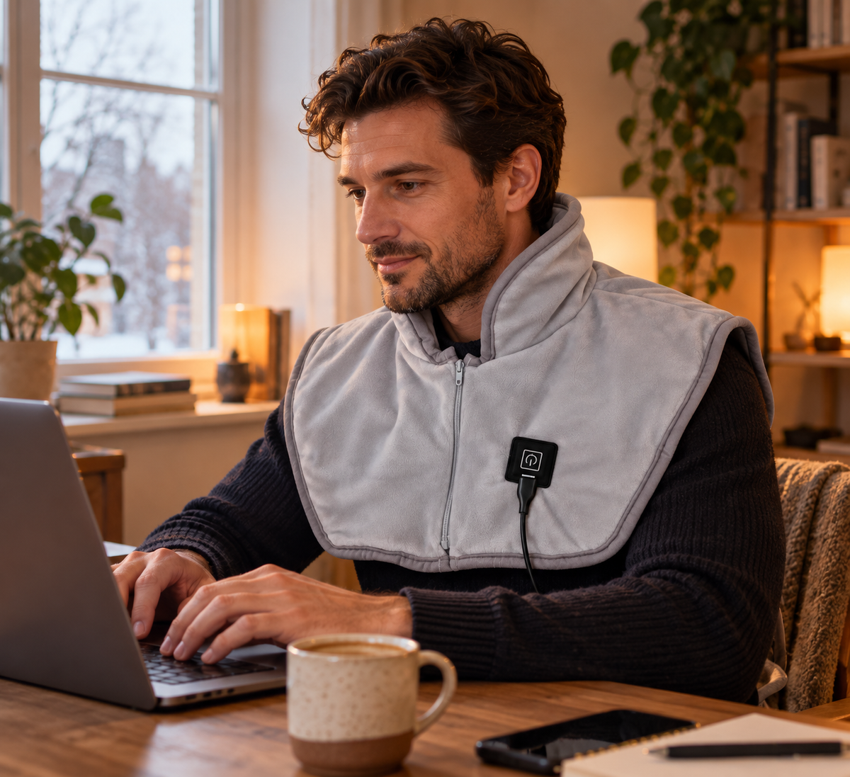 Man op de bank met de Nestwarm warmtesjaal om