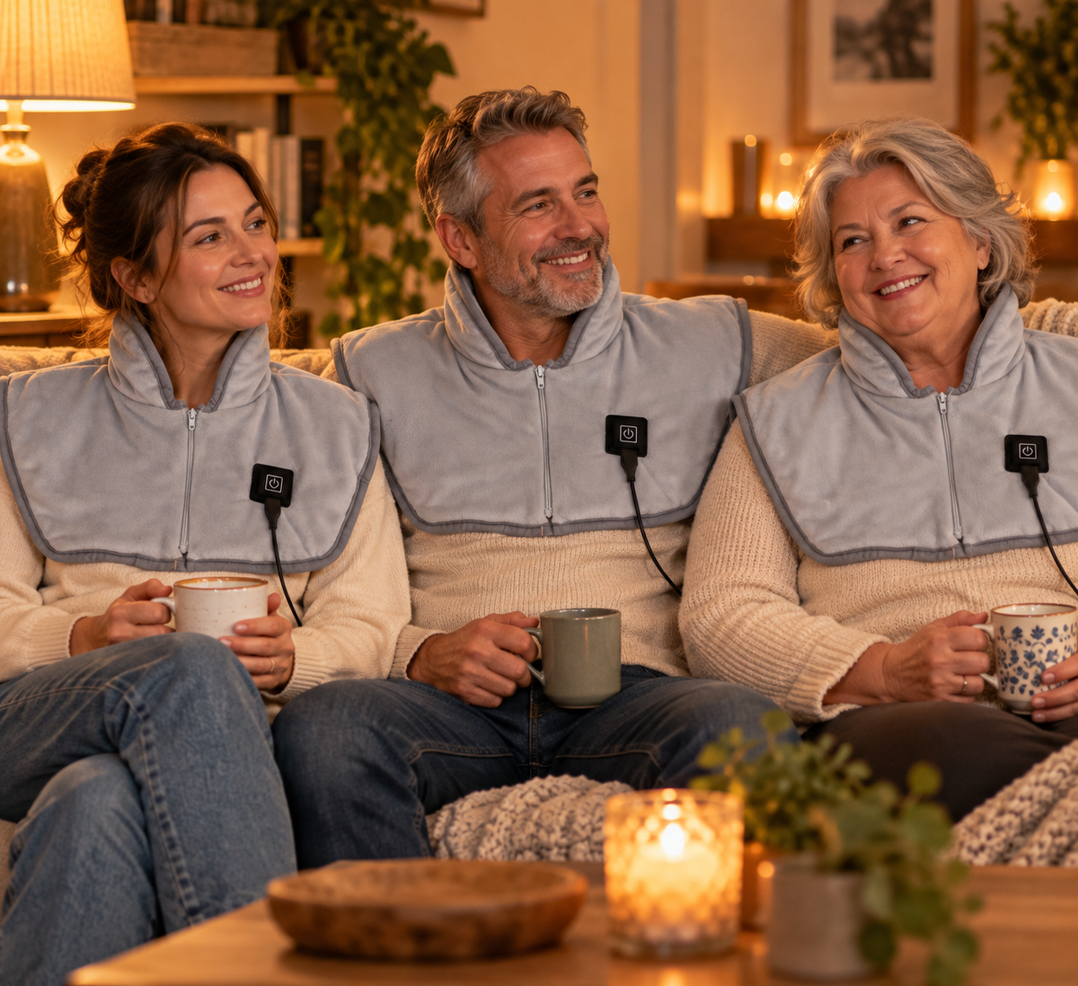 Mensen met verschillend postuur dragen de Nestwarm warmtesjaal